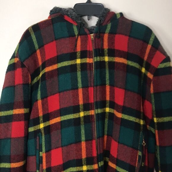 Golden Fleece reversible wool plaid and charcoal gray zip up hooded jacket - Picture 4 of 16